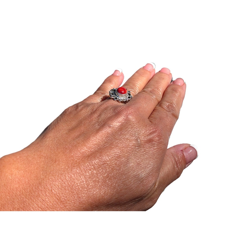 Navajo Red Spiny Oyster Stone Ring Handcrafted Native Am Jewelry Size 7.5US** - Picture 8 of 9